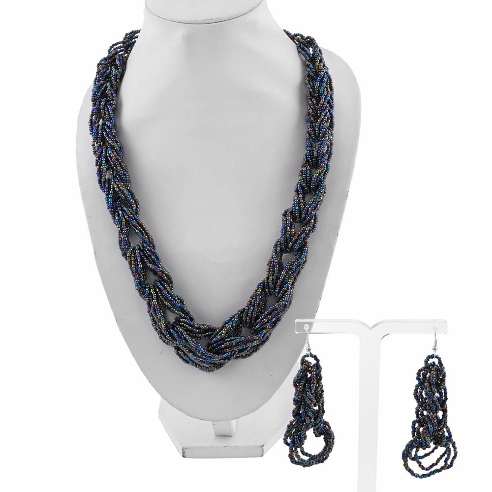 Peacock Seed Bead Necklace, Earrings Set Stainless Steel